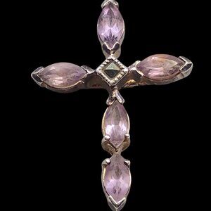 Vintage NF Sterling Silver 925 Lavender Amethyst & Marcasite Cross Pendant